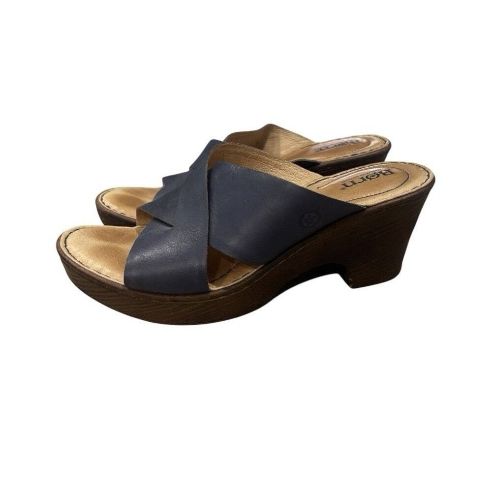 Born Women's Coney Leather Wedge Sandals Navy Size 8 Neutral Coastal Summer